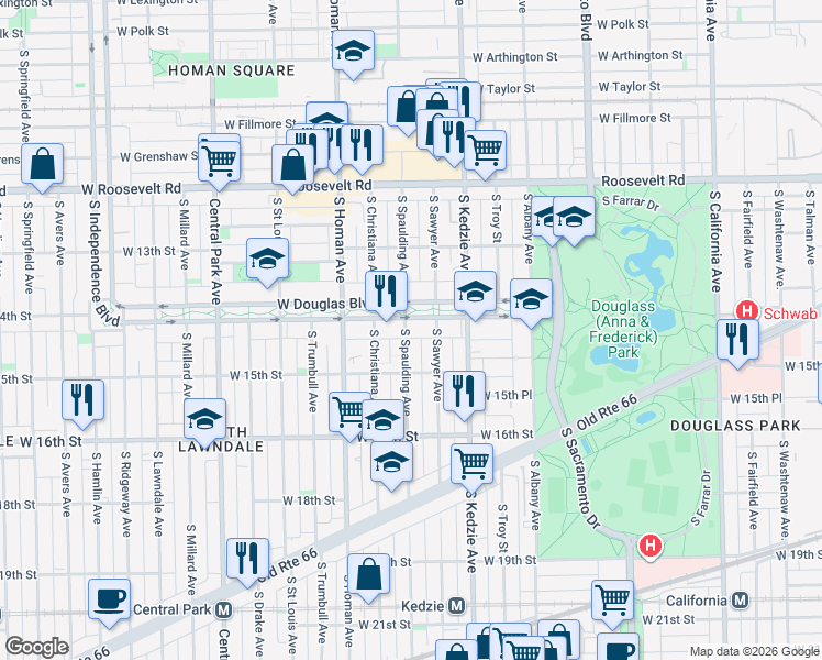 map of restaurants, bars, coffee shops, grocery stores, and more near 1407 South Spaulding Avenue in Chicago