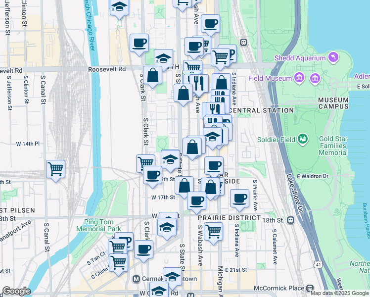 map of restaurants, bars, coffee shops, grocery stores, and more near 5 East 14th Place in Chicago