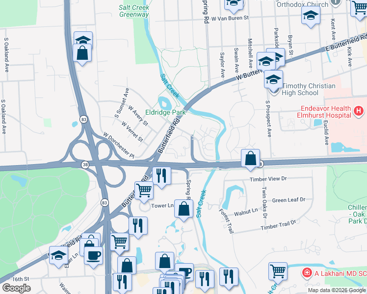 map of restaurants, bars, coffee shops, grocery stores, and more near 400 West Butterfield Road in Elmhurst