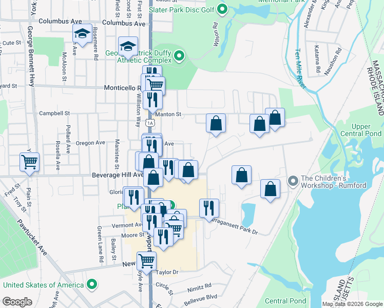 map of restaurants, bars, coffee shops, grocery stores, and more near 728 Beverage Hill Avenue in Pawtucket