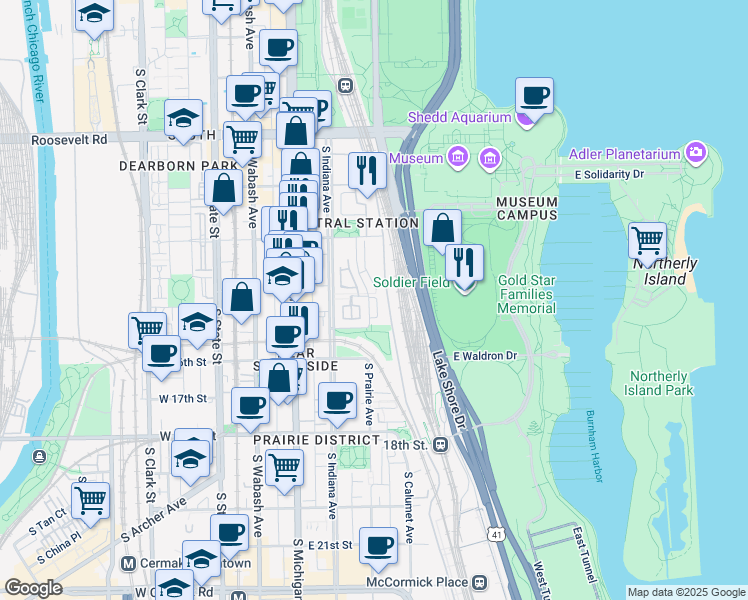 map of restaurants, bars, coffee shops, grocery stores, and more near 1512 South Prairie Avenue in Chicago