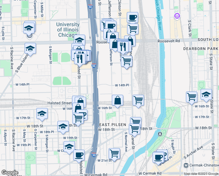 map of restaurants, bars, coffee shops, grocery stores, and more near 1500 South Jefferson Street in Chicago