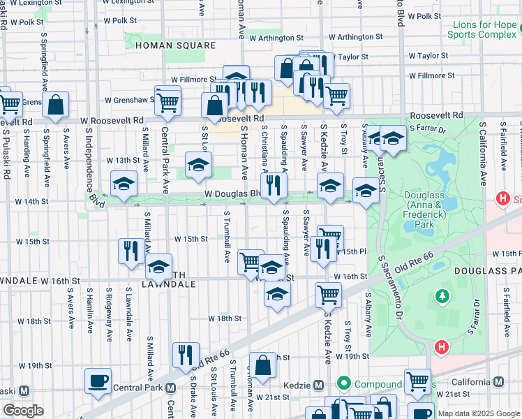 map of restaurants, bars, coffee shops, grocery stores, and more near 3341 West Douglas Boulevard in Chicago