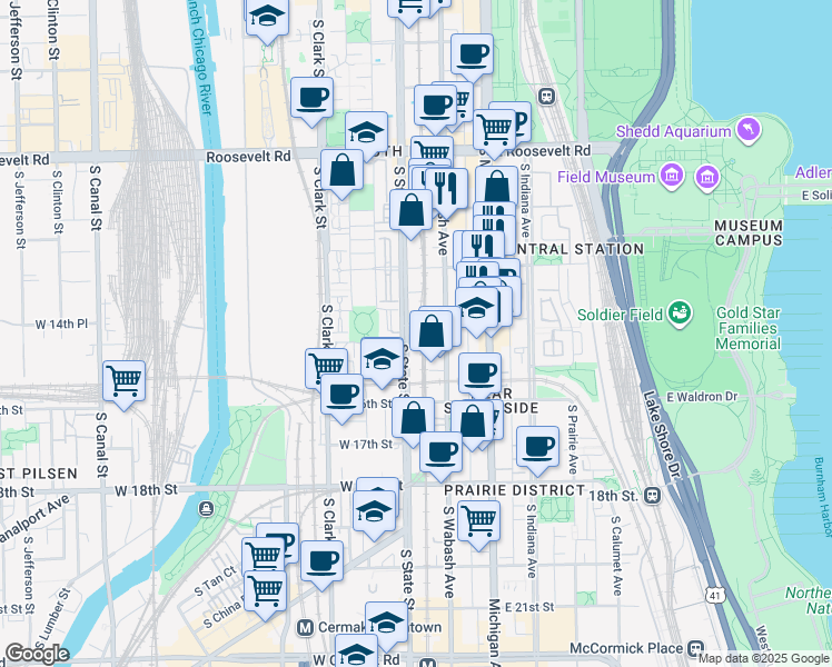 map of restaurants, bars, coffee shops, grocery stores, and more near 5 East 14th Place in Chicago