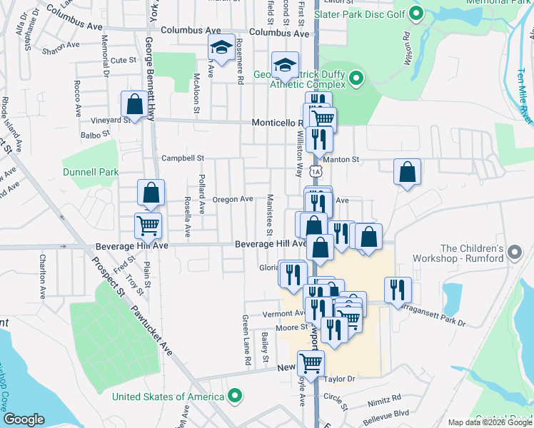 map of restaurants, bars, coffee shops, grocery stores, and more near 38 Pine Grove Street in Pawtucket