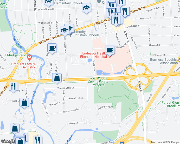 map of restaurants, bars, coffee shops, grocery stores, and more near 123 West Brush Hill Road in Elmhurst
