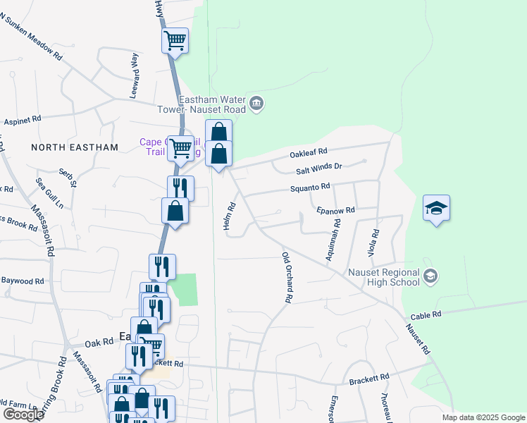 map of restaurants, bars, coffee shops, grocery stores, and more near 2530 Nauset Road in Eastham