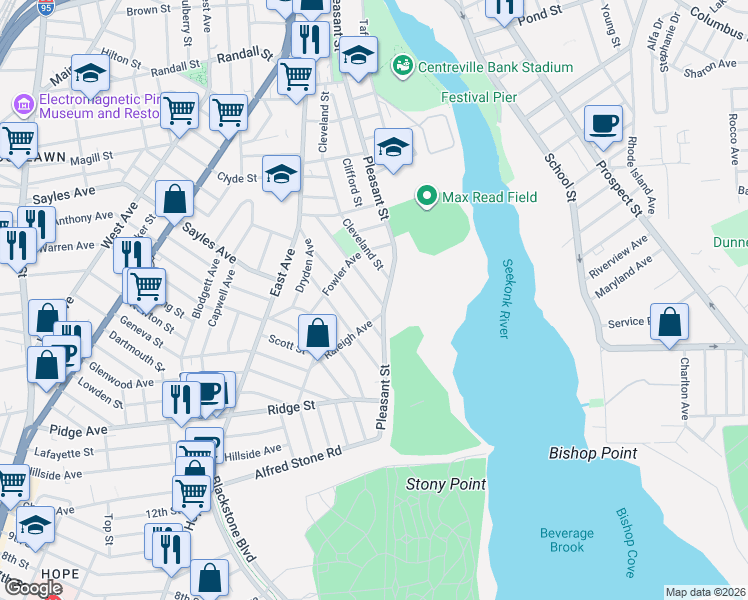 map of restaurants, bars, coffee shops, grocery stores, and more near 149 Sheffield Avenue in Pawtucket