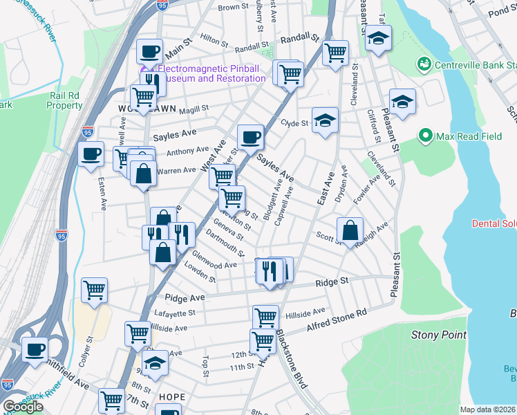 map of restaurants, bars, coffee shops, grocery stores, and more near 27 Sterling Street in Pawtucket