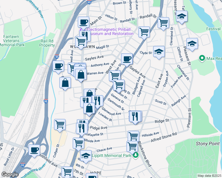 map of restaurants, bars, coffee shops, grocery stores, and more near 477 Pawtucket Avenue in Pawtucket