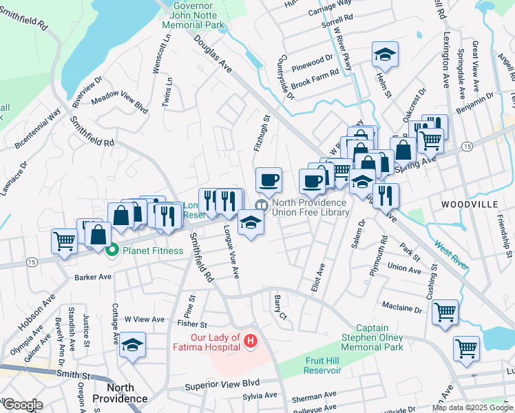 map of restaurants, bars, coffee shops, grocery stores, and more near 1811 Rhode Island 15 in North Providence
