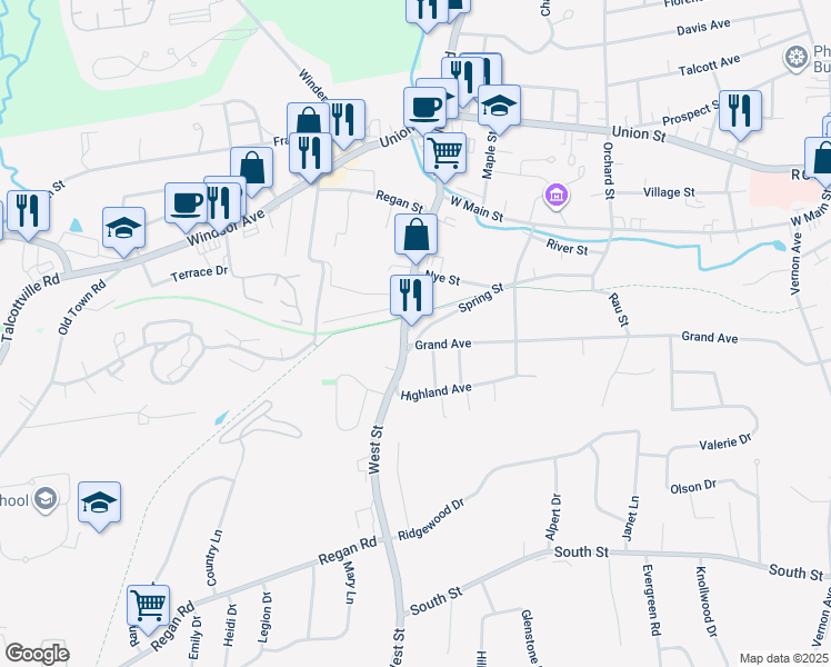 map of restaurants, bars, coffee shops, grocery stores, and more near 126 Grand Avenue in Vernon