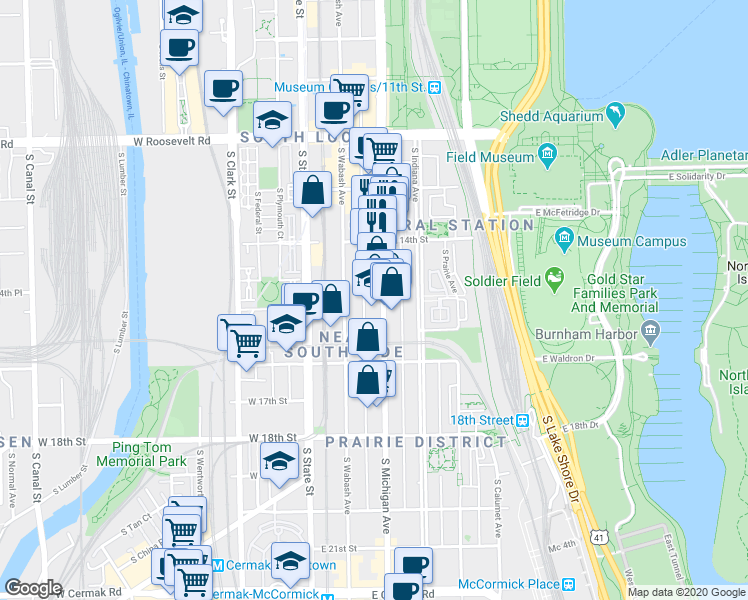 map of restaurants, bars, coffee shops, grocery stores, and more near 1470 Michigan Avenue in Chicago