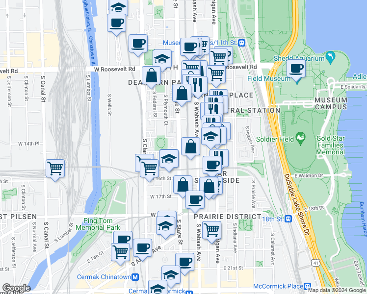 map of restaurants, bars, coffee shops, grocery stores, and more near 5 East 14th Place in Chicago