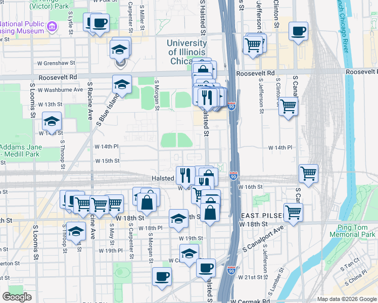 map of restaurants, bars, coffee shops, grocery stores, and more near 832 West Village Court in Chicago