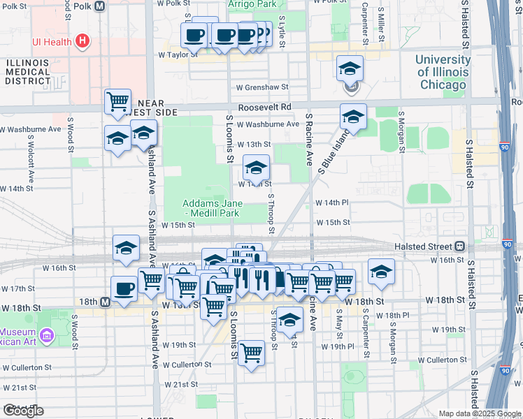 map of restaurants, bars, coffee shops, grocery stores, and more near 1314 West 15th Street in Chicago