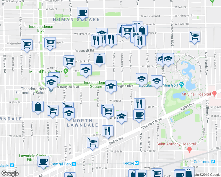 map of restaurants, bars, coffee shops, grocery stores, and more near 3341 West Douglas Boulevard in Chicago