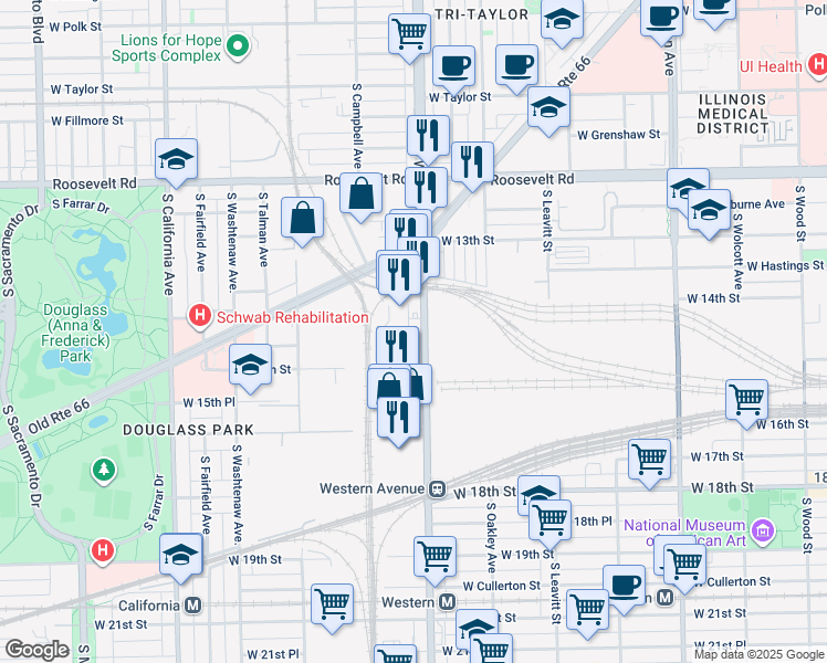 map of restaurants, bars, coffee shops, grocery stores, and more near 1424 South Western Avenue in Chicago