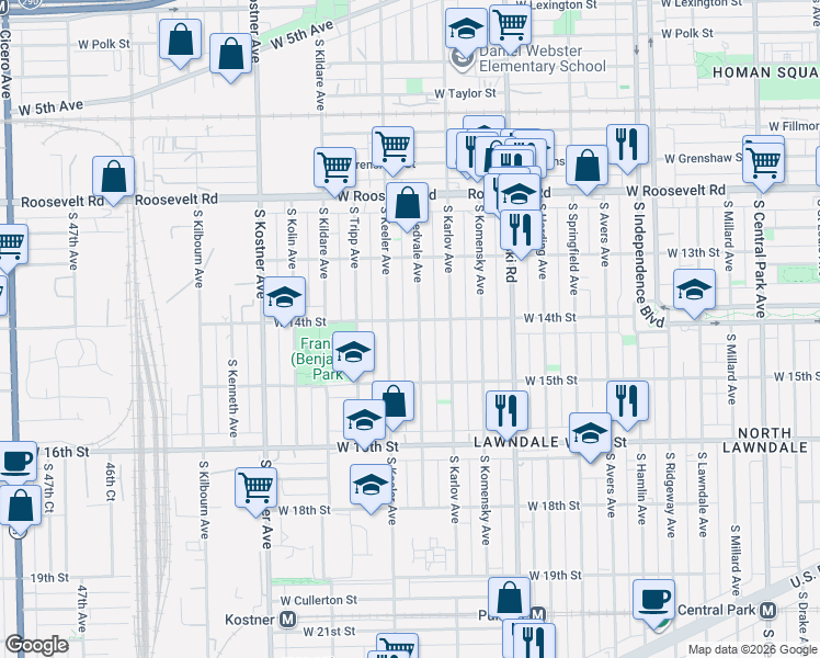 map of restaurants, bars, coffee shops, grocery stores, and more near 1404 South Kedvale Avenue in Chicago