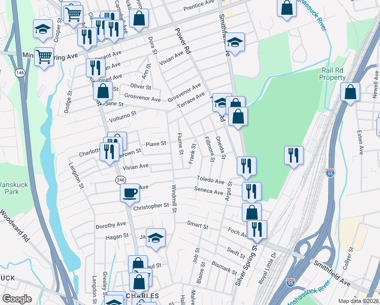 map of restaurants, bars, coffee shops, grocery stores, and more near 25 Frank Street in Pawtucket