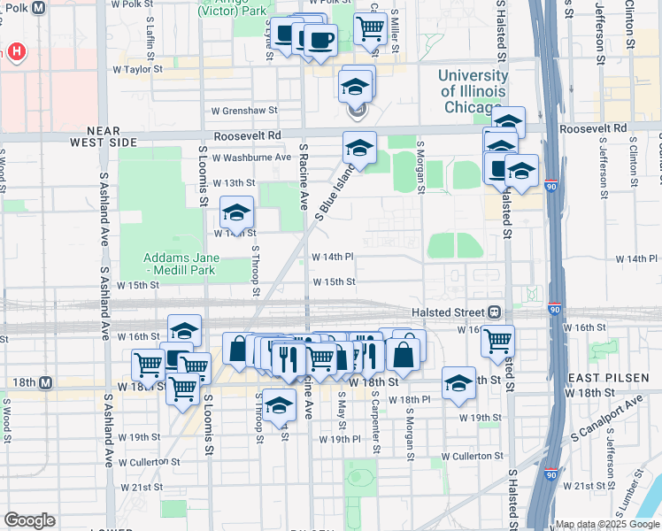 map of restaurants, bars, coffee shops, grocery stores, and more near 1111 West 14th Place in Chicago