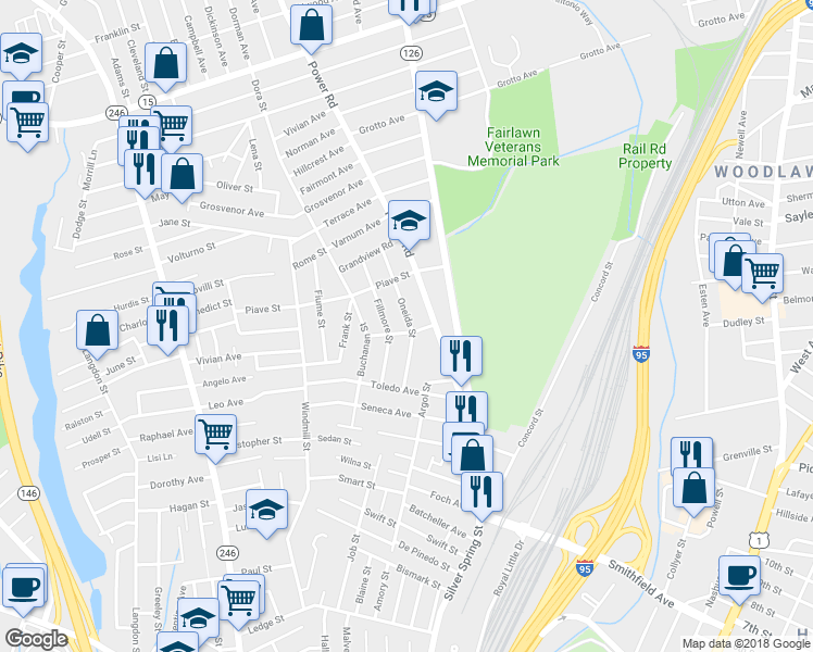 map of restaurants, bars, coffee shops, grocery stores, and more near 81 Oneida Street in Pawtucket