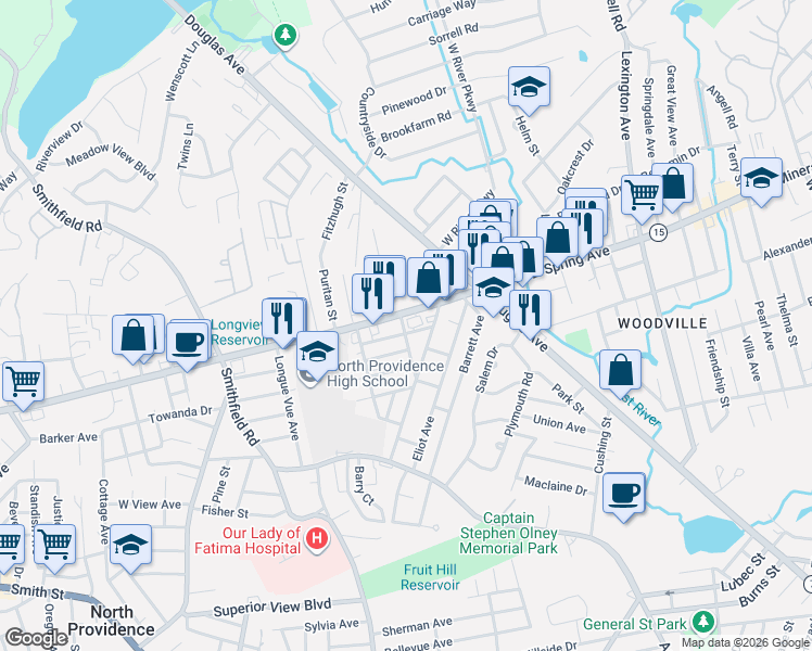 map of restaurants, bars, coffee shops, grocery stores, and more near 1750 Mineral Spring Avenue in North Providence