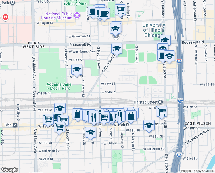 map of restaurants, bars, coffee shops, grocery stores, and more near 1151 West 14th Place in Chicago