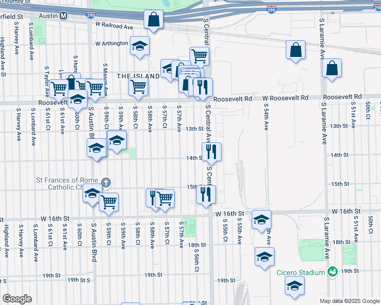 map of restaurants, bars, coffee shops, grocery stores, and more near 1347 South 57th Avenue in Cicero
