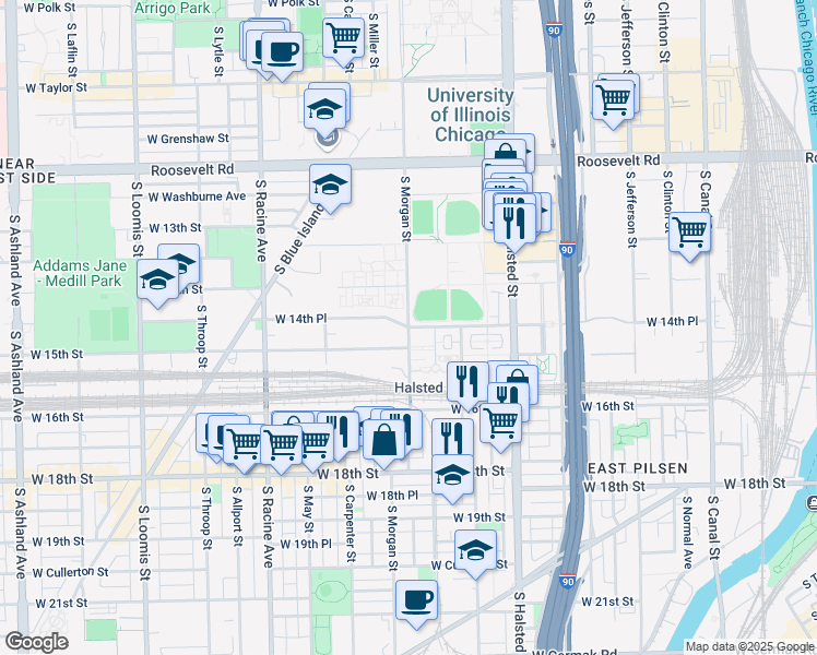 map of restaurants, bars, coffee shops, grocery stores, and more near S Morgan St & W 14th Pl in Chicago