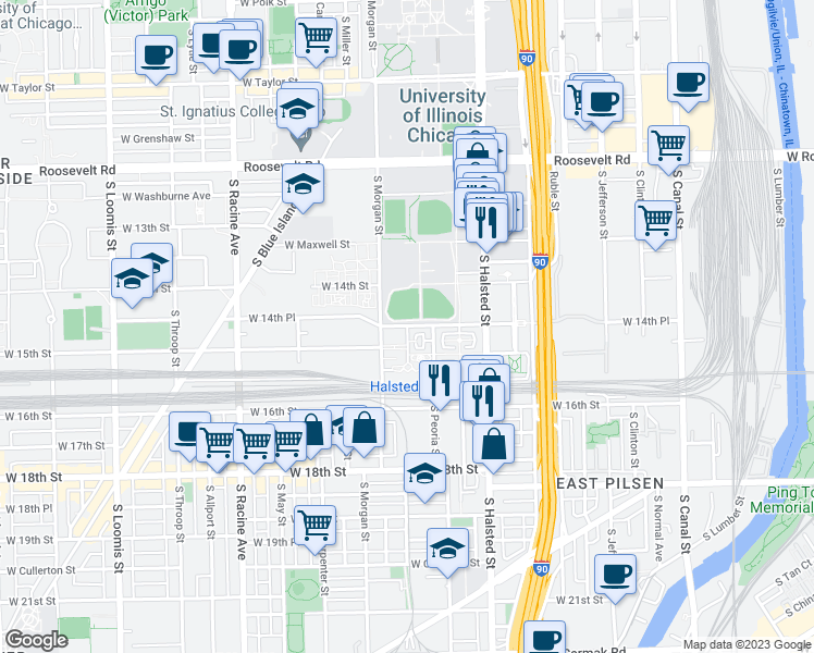 map of restaurants, bars, coffee shops, grocery stores, and more near South Sangamon Street in Chicago