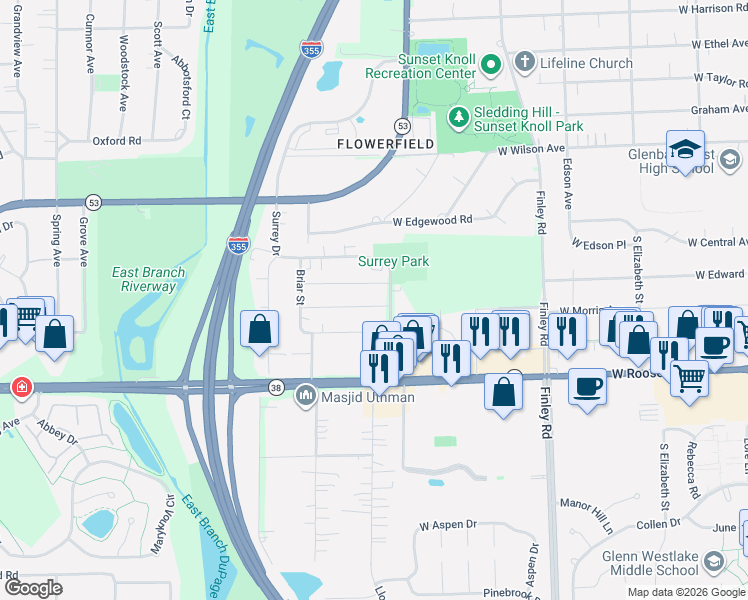 map of restaurants, bars, coffee shops, grocery stores, and more near 1161 Londonberry Lane in Glen Ellyn