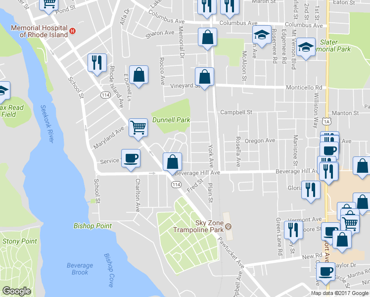 map of restaurants, bars, coffee shops, grocery stores, and more near 569 Prospect Street in Pawtucket