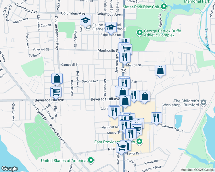 map of restaurants, bars, coffee shops, grocery stores, and more near 363 Woodhaven Road in Pawtucket
