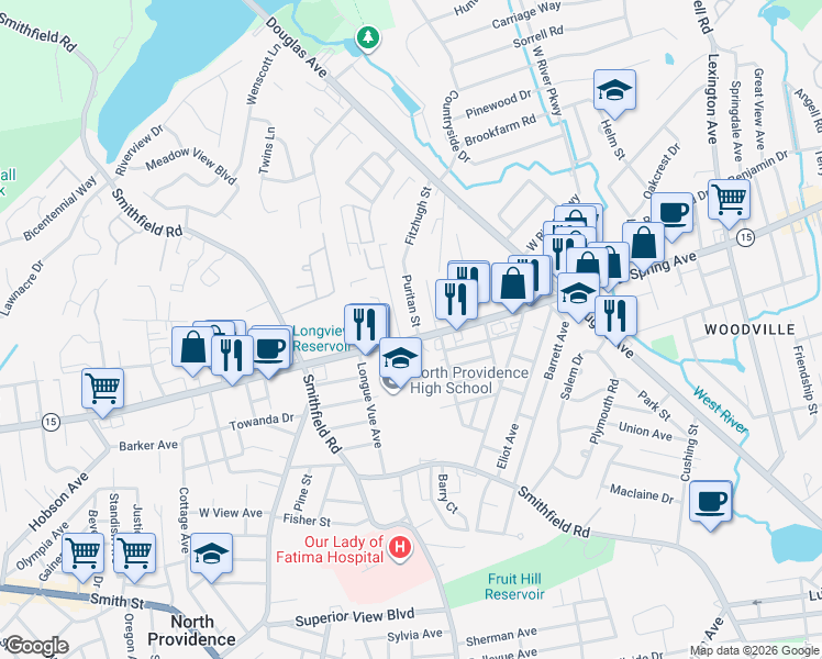 map of restaurants, bars, coffee shops, grocery stores, and more near 1811 Rhode Island 15 in North Providence