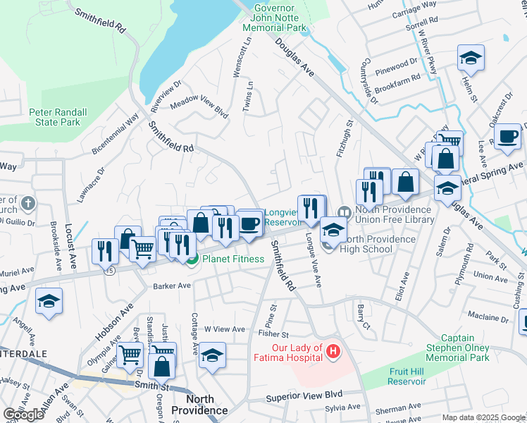 map of restaurants, bars, coffee shops, grocery stores, and more near 528 Smithfield Road in North Providence