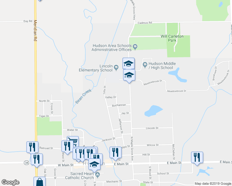 map of restaurants, bars, coffee shops, grocery stores, and more near 112 Valley Drive in Hudson