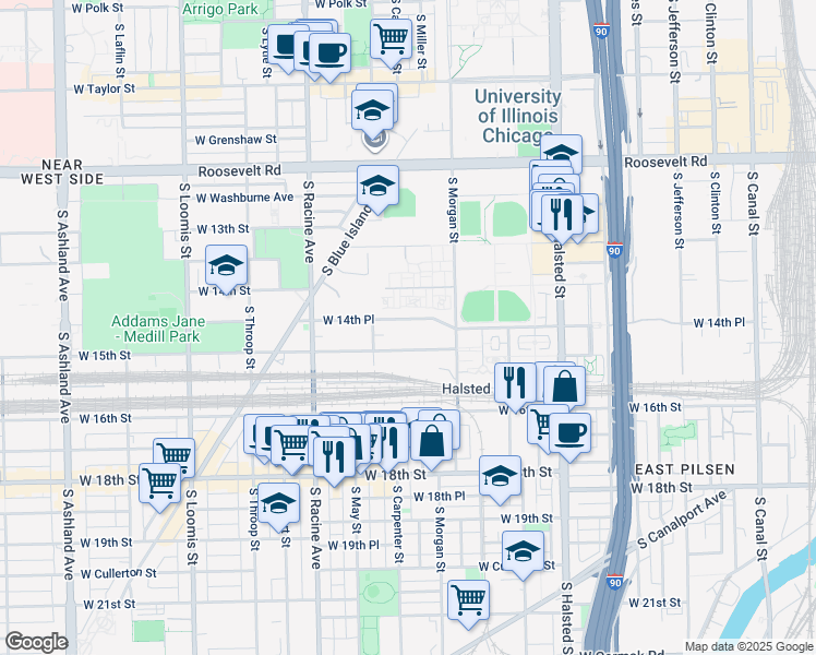 map of restaurants, bars, coffee shops, grocery stores, and more near 1033 West 14th Street in Chicago