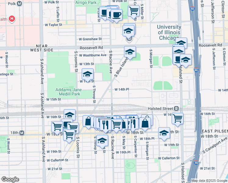 map of restaurants, bars, coffee shops, grocery stores, and more near 1111 West 14th Place in Chicago