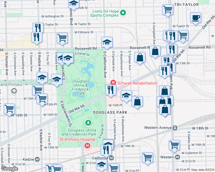 map of restaurants, bars, coffee shops, grocery stores, and more near 2764 Ogden Avenue in Chicago