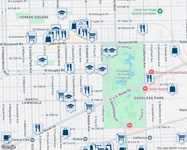 map of restaurants, bars, coffee shops, grocery stores, and more near 3147 West Douglas Boulevard in Chicago