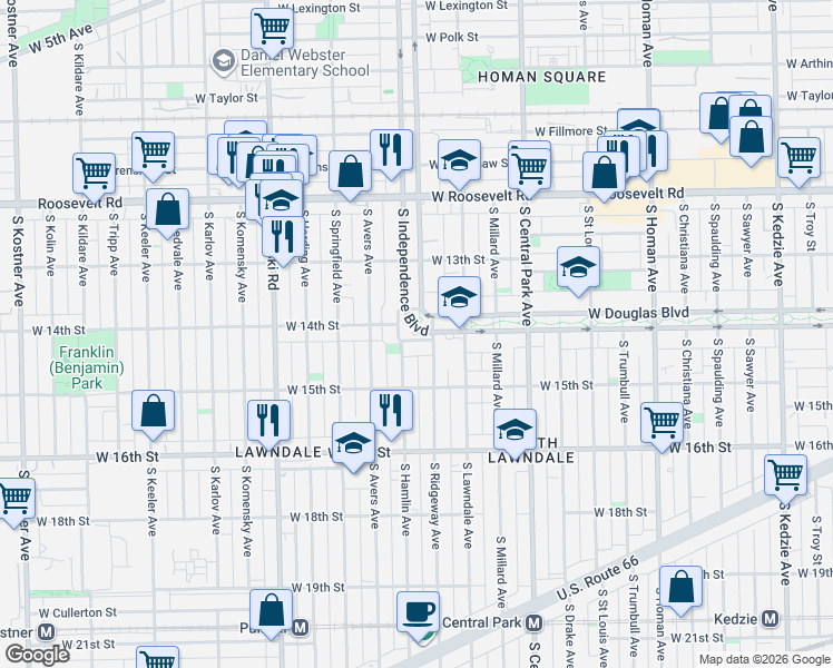 map of restaurants, bars, coffee shops, grocery stores, and more near 3757 West Douglas Boulevard in Chicago