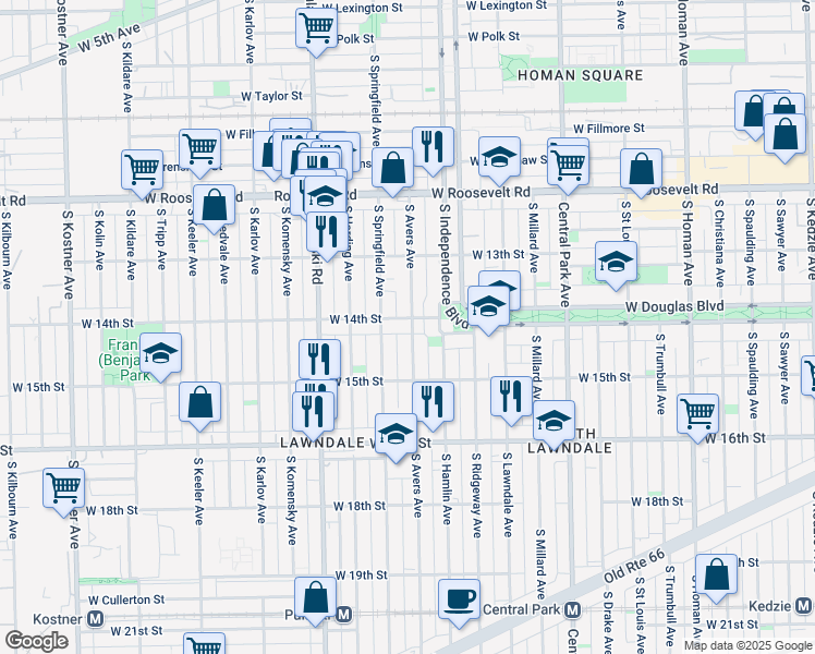 map of restaurants, bars, coffee shops, grocery stores, and more near 1414 South Avers Avenue in Chicago