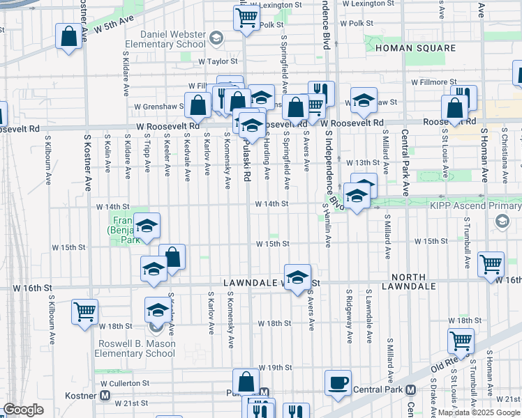 map of restaurants, bars, coffee shops, grocery stores, and more near 1415 South Pulaski Road in Chicago