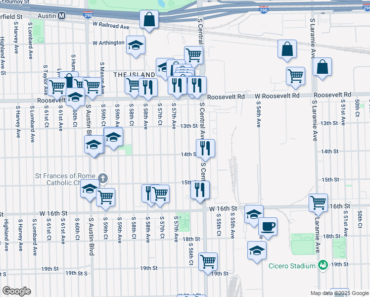 map of restaurants, bars, coffee shops, grocery stores, and more near 1347 South 57th Avenue in Cicero