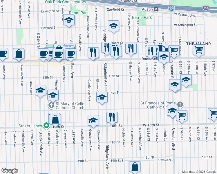 map of restaurants, bars, coffee shops, grocery stores, and more near 1342 Cuyler Avenue in Berwyn