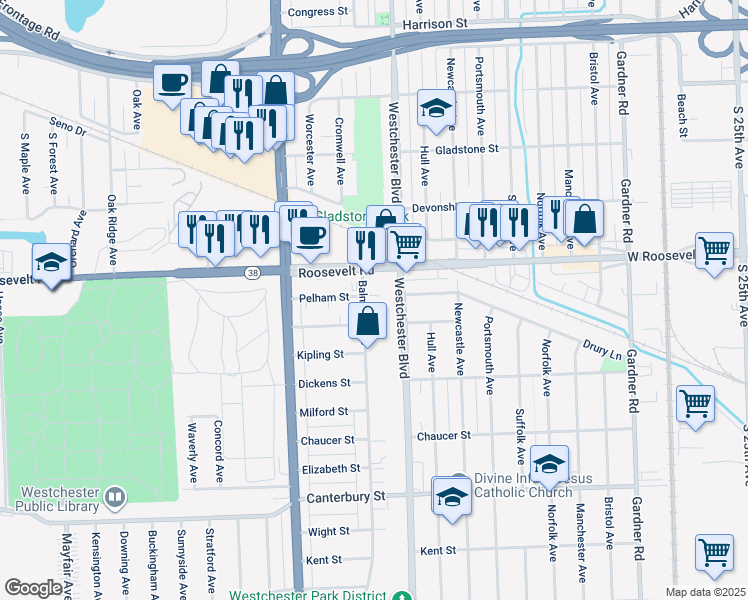 map of restaurants, bars, coffee shops, grocery stores, and more near 1241 Balmoral Avenue in Westchester