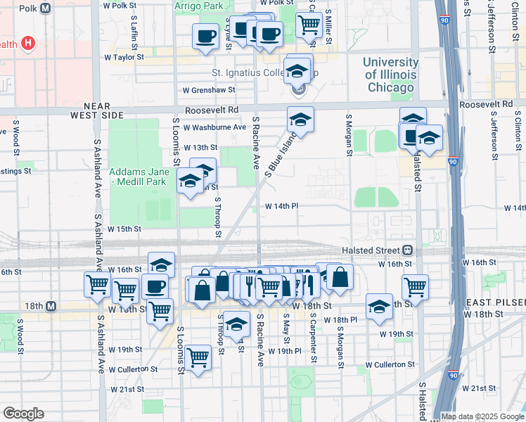 map of restaurants, bars, coffee shops, grocery stores, and more near 1151 West 14th Place in Chicago