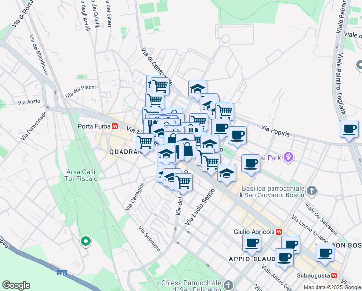 map of restaurants, bars, coffee shops, grocery stores, and more near 687 Via Tuscolana in Rome