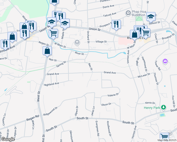 map of restaurants, bars, coffee shops, grocery stores, and more near 71 Grand Avenue in Vernon